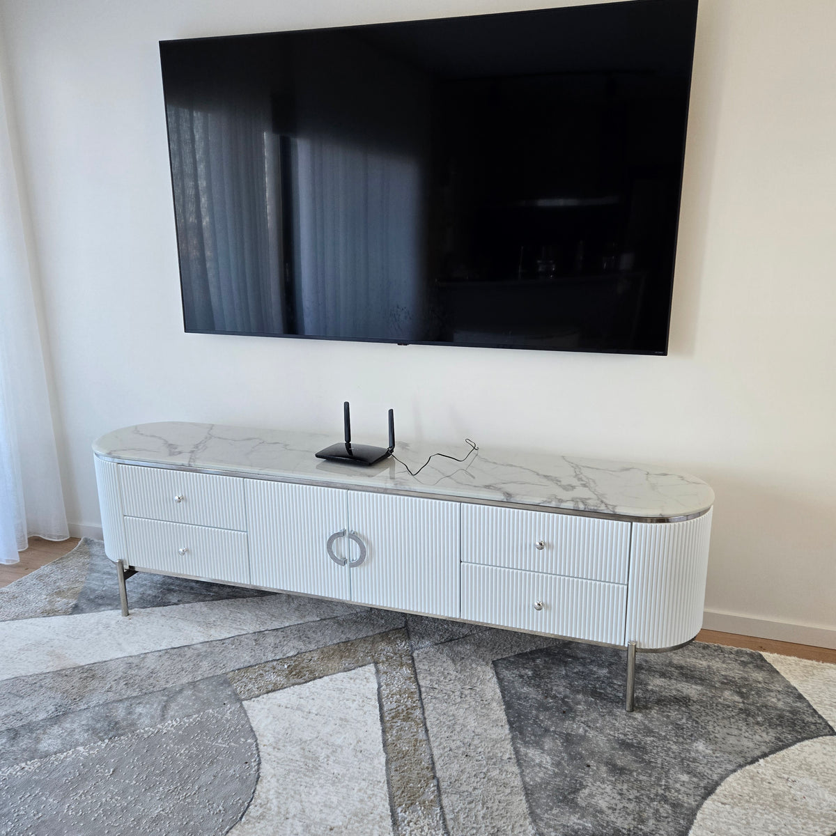 Modern White MDF TV Cabinet - (4-Drawers) - Silver