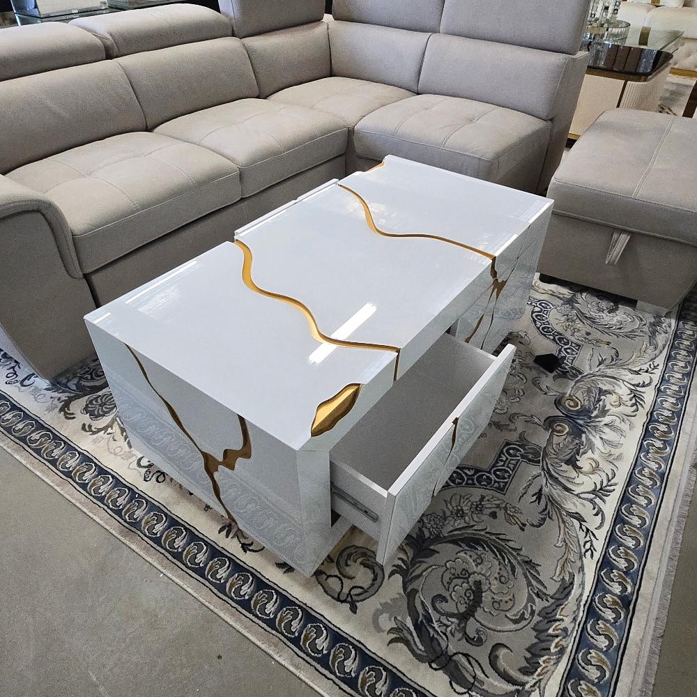 Modern White Glass with Gold on MDF Material Coffee Table