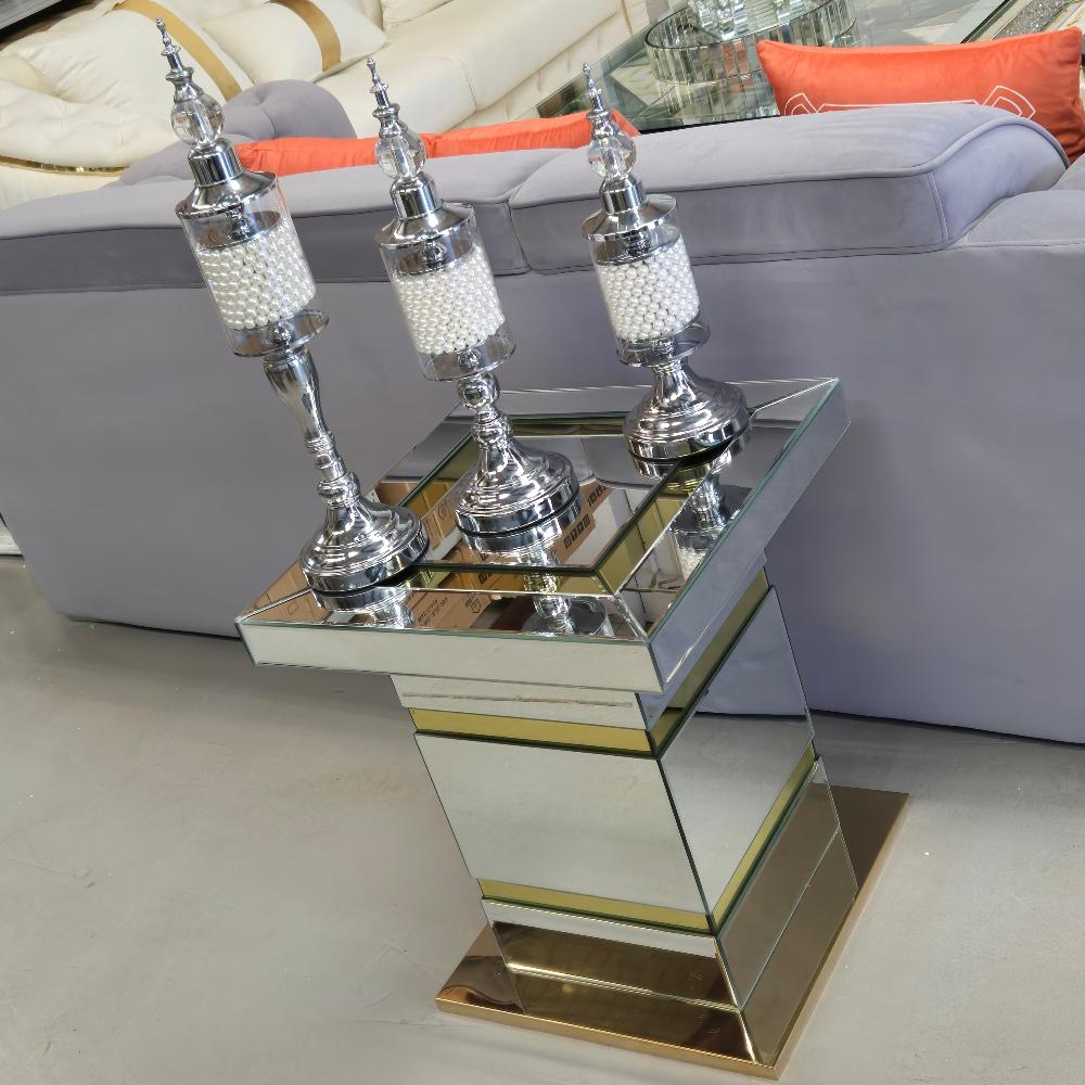 Mirrored Glass and Beautiful Silver and Gold Side Table in MDF Material