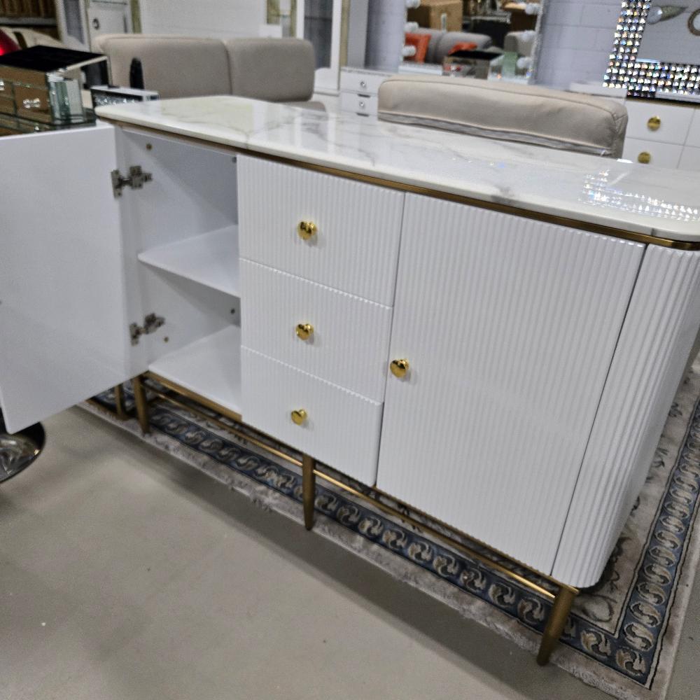 Classy and Modern Buffet Cabinet in Bronze Storage Dining Room Buffet Cabinet with 2 shelves and 3 Drawers in White MDF and Bronze