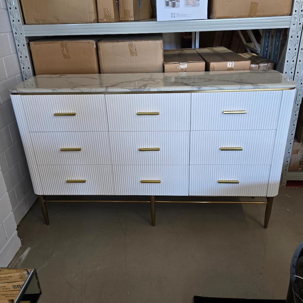 Modern Buffet Cabinet in Bronze Storage Dining Room Buffet Cabinet with 2 shelves and 3 Drawers in White MDF and Bronze