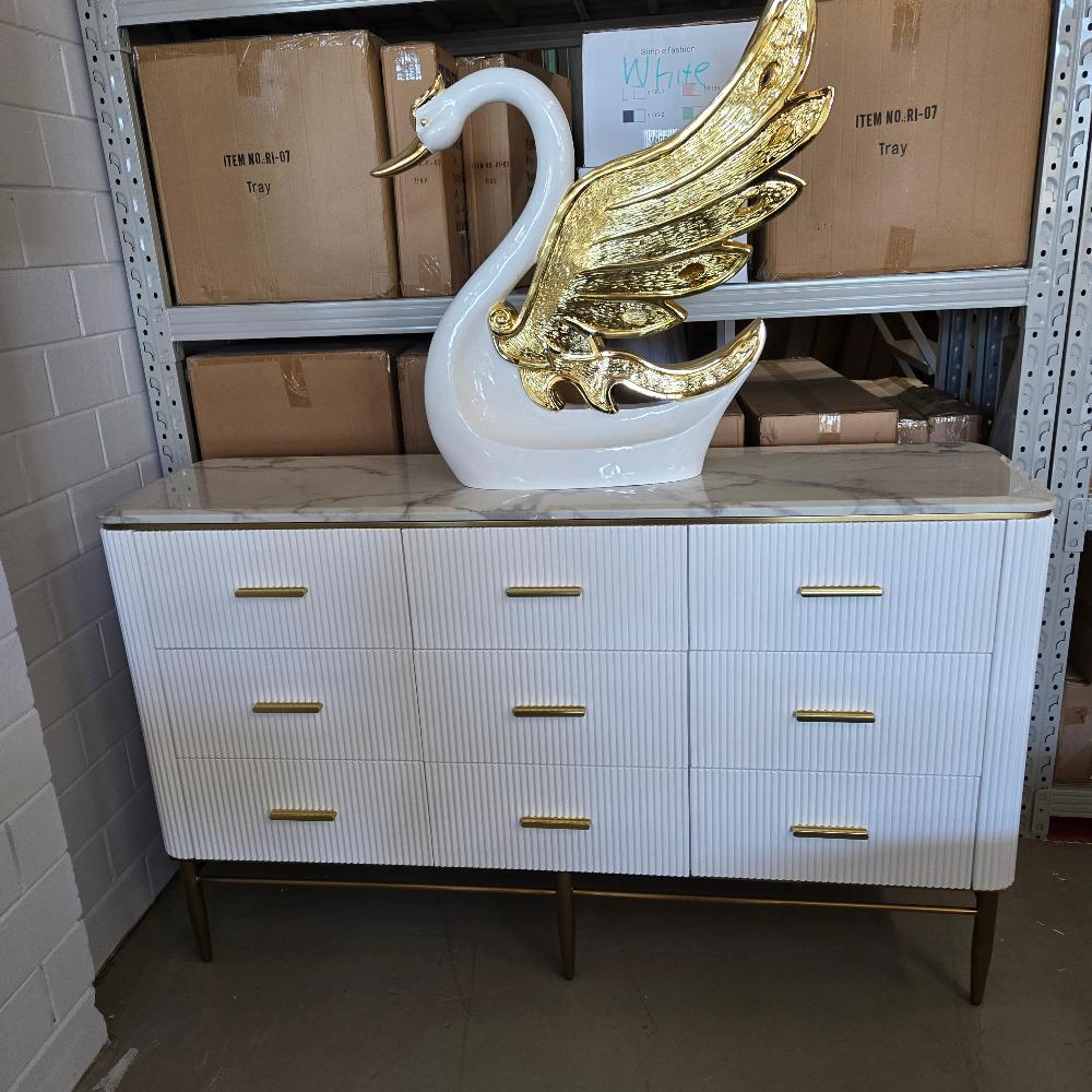 Modern Buffet Cabinet in Bronze Storage Dining Room Buffet Cabinet with 2 shelves and 3 Drawers in White MDF and Bronze