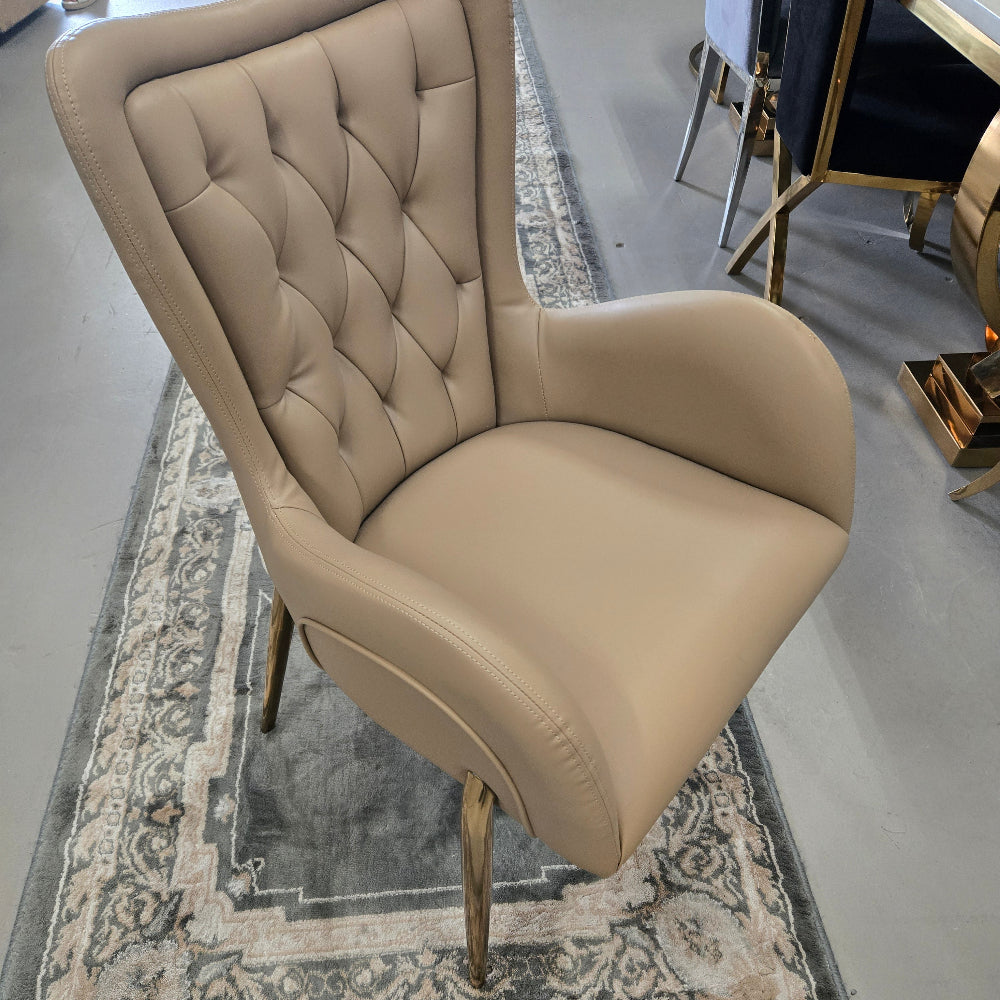 Gold Stainless Steel Frame Dining Room Chairs in Brown Leather