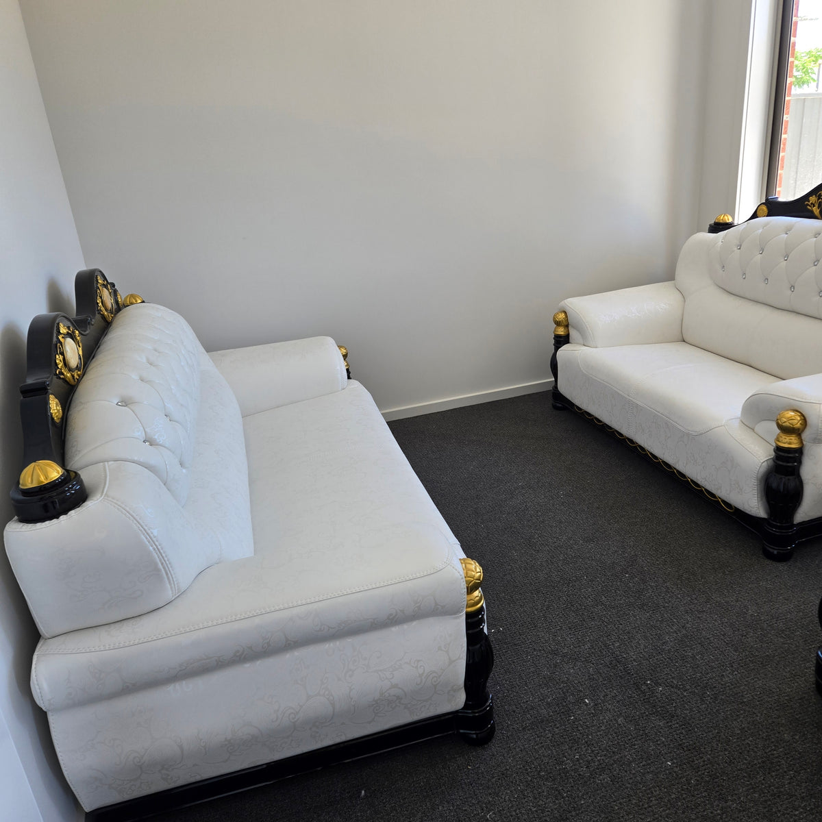 Cream Leather with Black Wood Sofa set