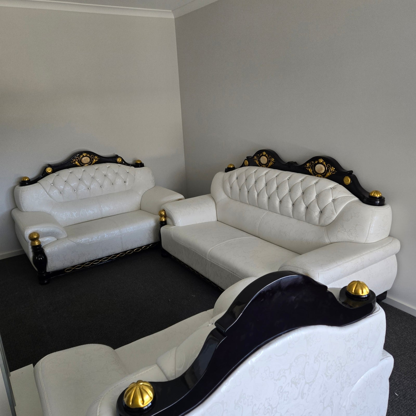 Cream Leather with Black Wood Sofa set