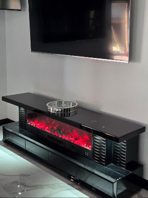 Black Glass TV Stand with LED Lights at each corner, Bluetooth Speakers and 13 Colour Crystal Light Changes / Reflectors. Best TV Stand at RBM Classic Home