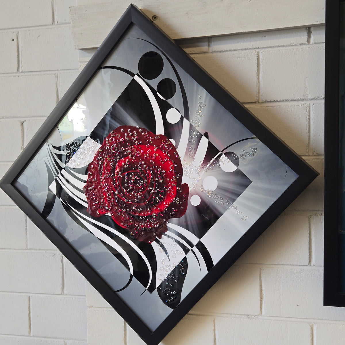 Red Rose Embellished Wall Art - Black Frame