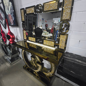 Gold GG Style Console Table and Mirror with Diamond Crushed Glass