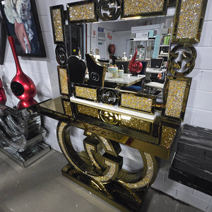 Classy Gold GG Style Console Table and Mirror with Diamond Crushed Glass