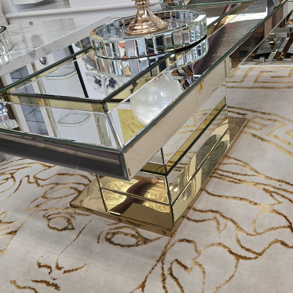 Modern Glass Coffee Table in Silver with Gold Trim