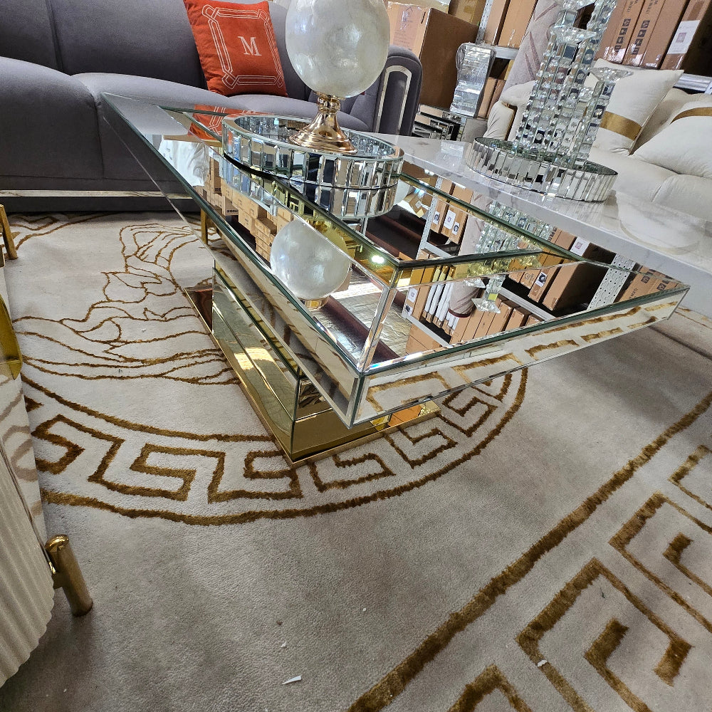 Glass Coffee Table in Silver with Gold Trim