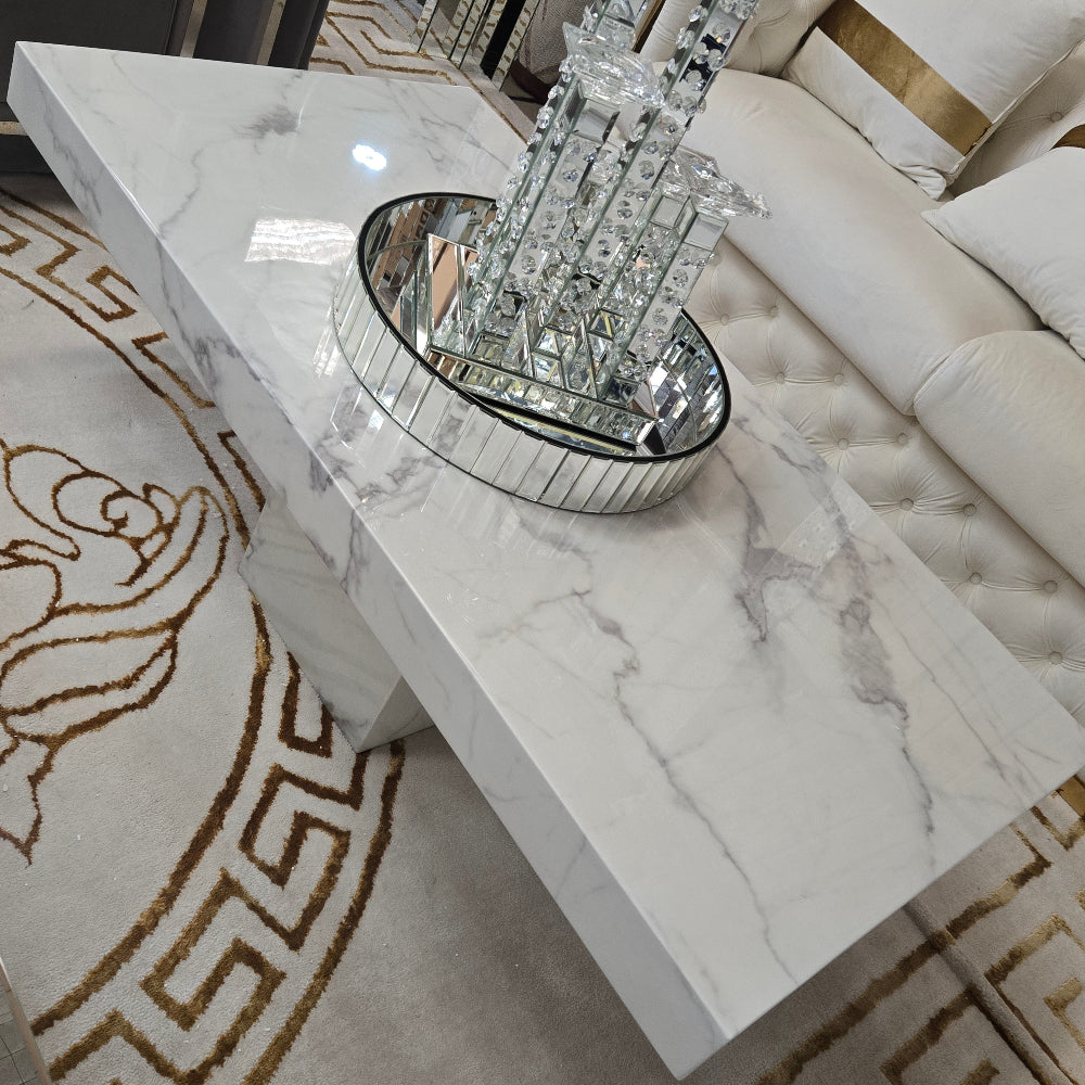 Classy 60cm Think Marble Coffee Table with Marble Base in White-Grey Colour