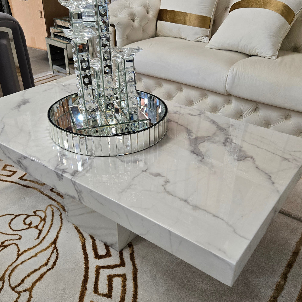 60cm Think Marble Coffee Table with Marble Base in White-Grey Colour