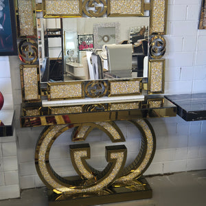 Classy Gold GG Style Console Table and Mirror with Diamond Crushed Glass