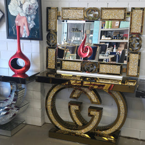 Modern Gold GG Style Console Table and Mirror with Diamond Crushed Glass