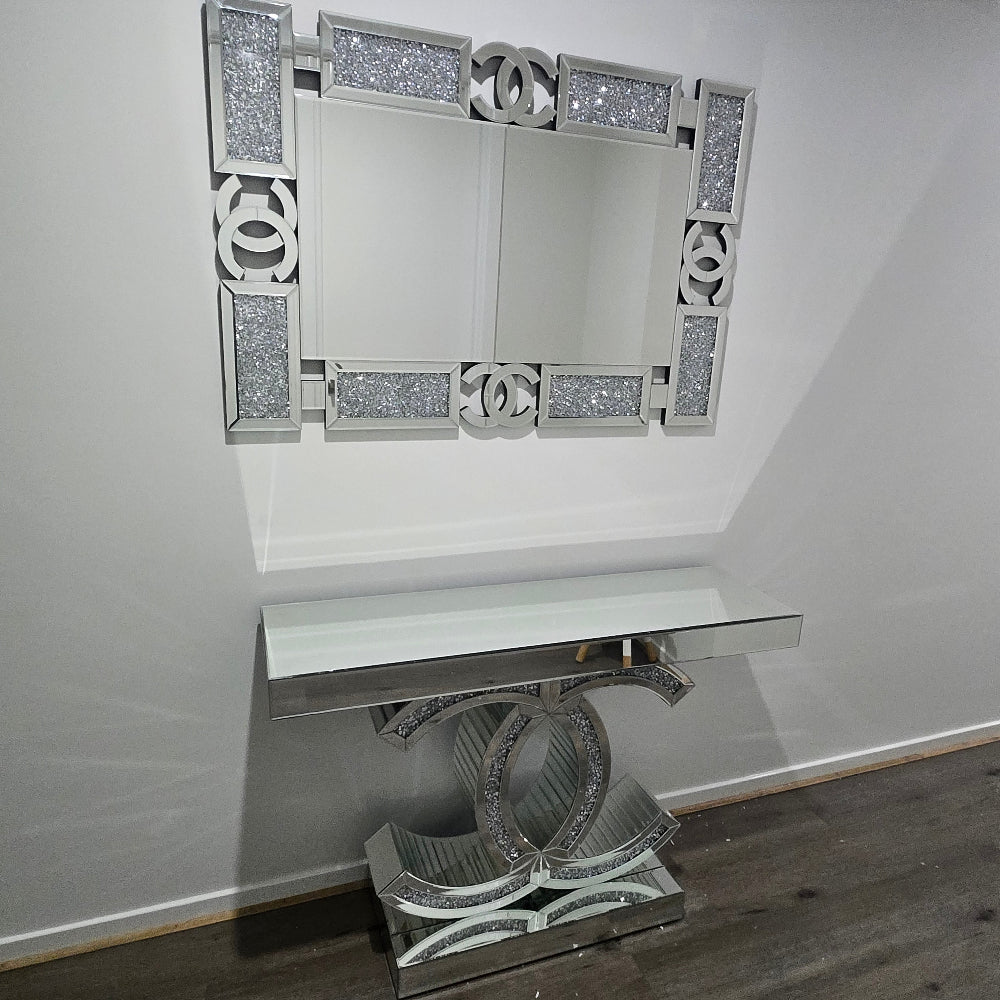 Silver Chanel Mirrored Glass Hallway Console Table and Mirror with Diamond Crushed Glass