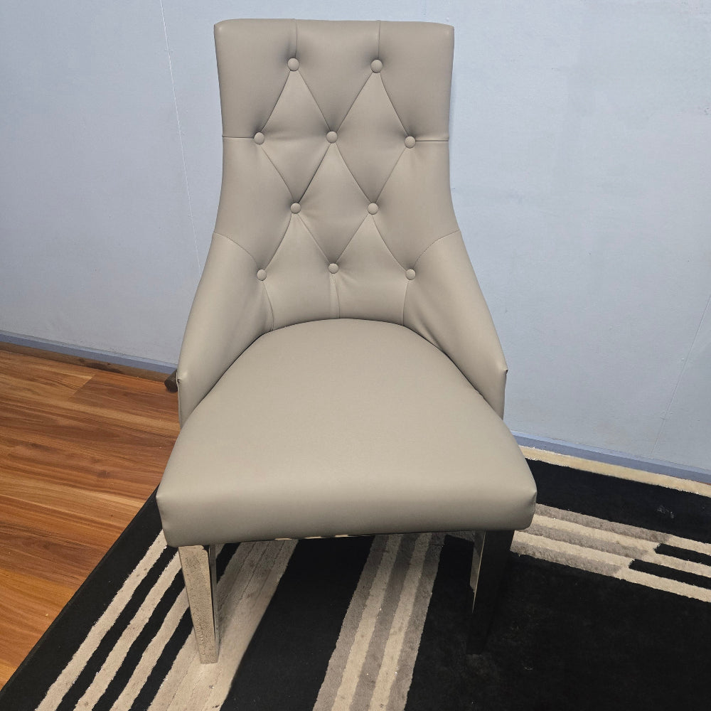 Modern Classy Grey Leather Cushioned and Comfortable Dining Room Chairs in Silver Stainless Steel Frame