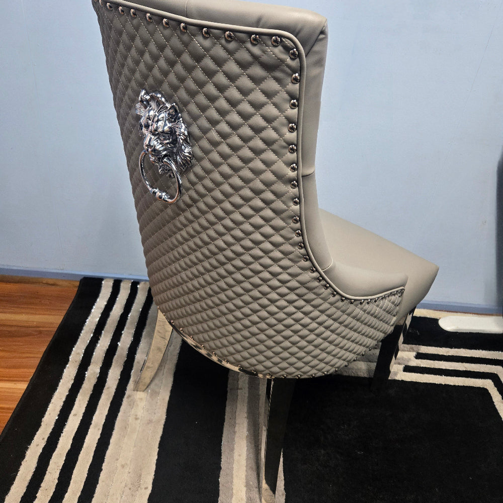 Modern Classy Grey Leather Cushioned and Comfortable Dining Room Chairs in Silver Stainless Steel Frame