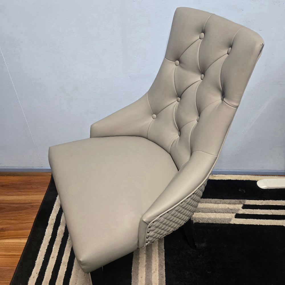 Classy and Modern Classy Grey Leather Cushioned and Comfortable Dining Room Chairs in Silver Stainless Steel Frame. RBM Classic Home Furniture Store in Melton