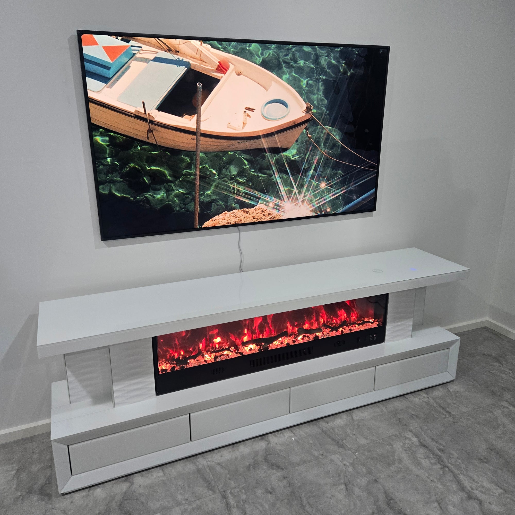 Adrian Glass TV Unit with Fireplace Reflector - White