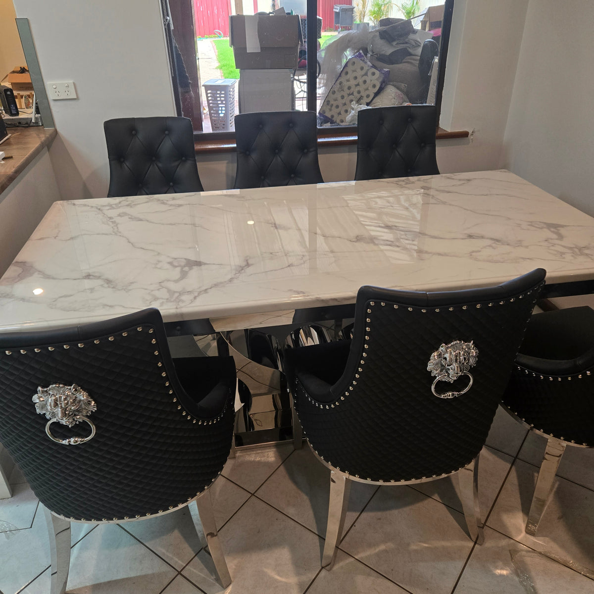 L180cm U-Shaped Marble Dining Table with Six Chairs