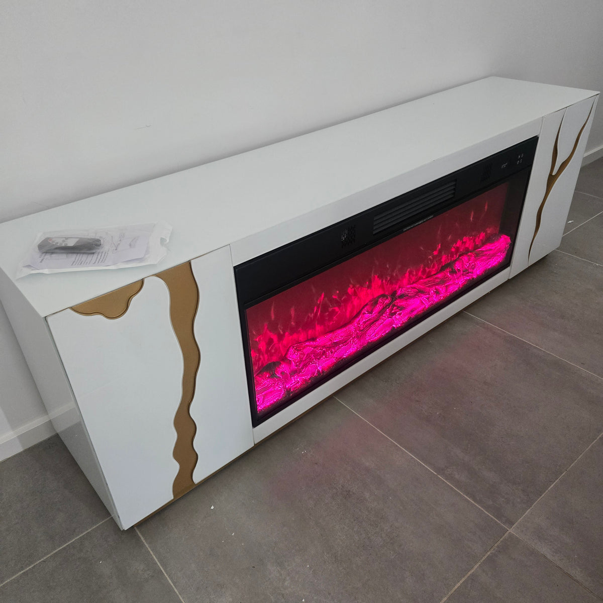 White and Gold MDF TV Unit with Fireplace Reflector