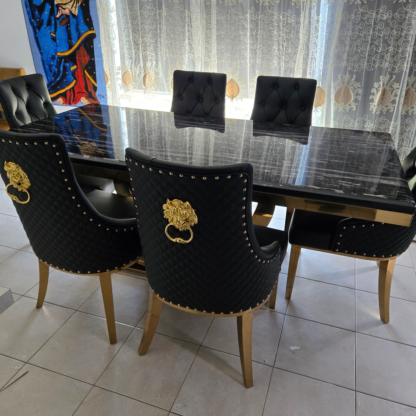 U-Shaped Marble Top Dining Table with Six Chairs