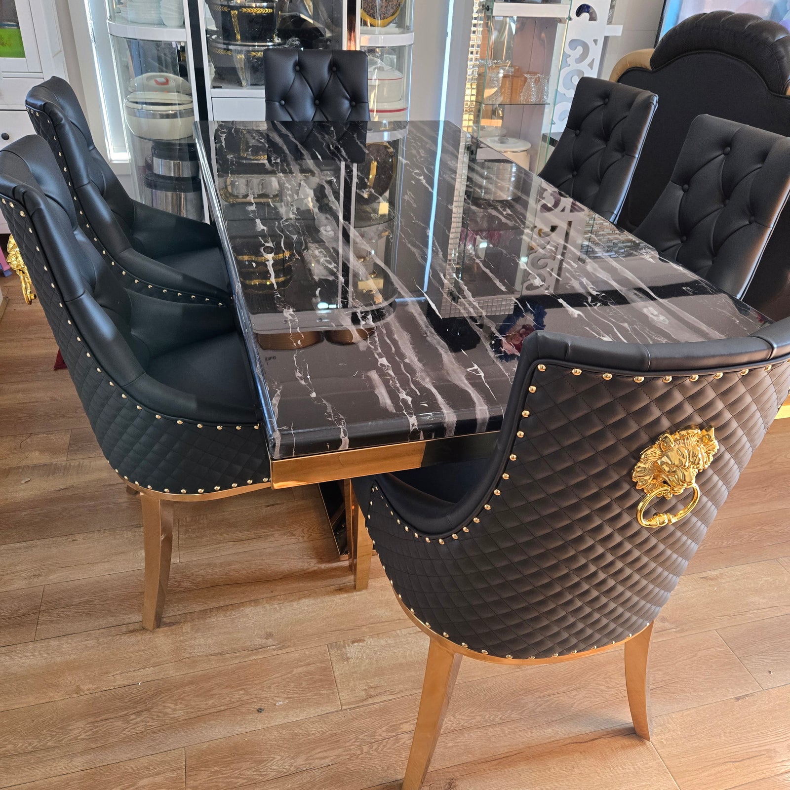 U-Shaped Marble Top Dining Table with Six Chairs