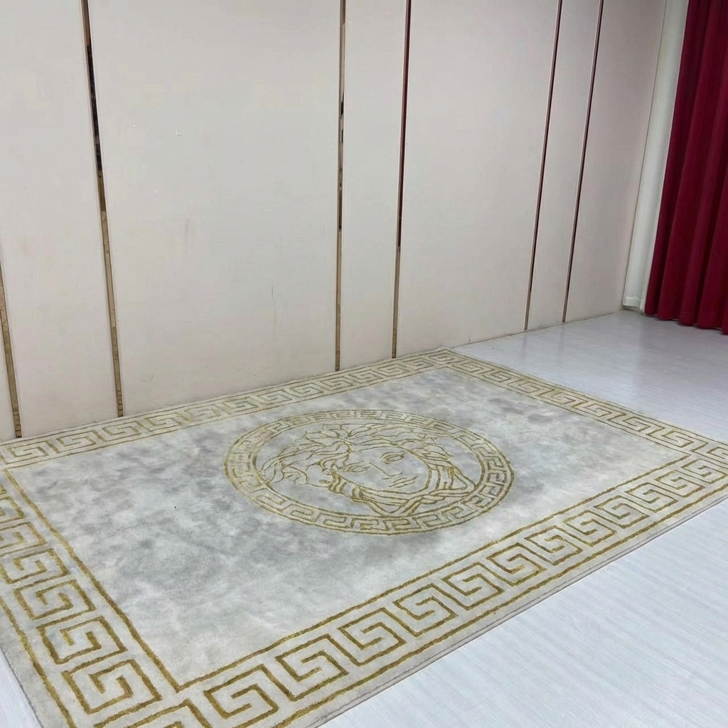 Decorative rug with a central emblem and Greek key border on a white floor.