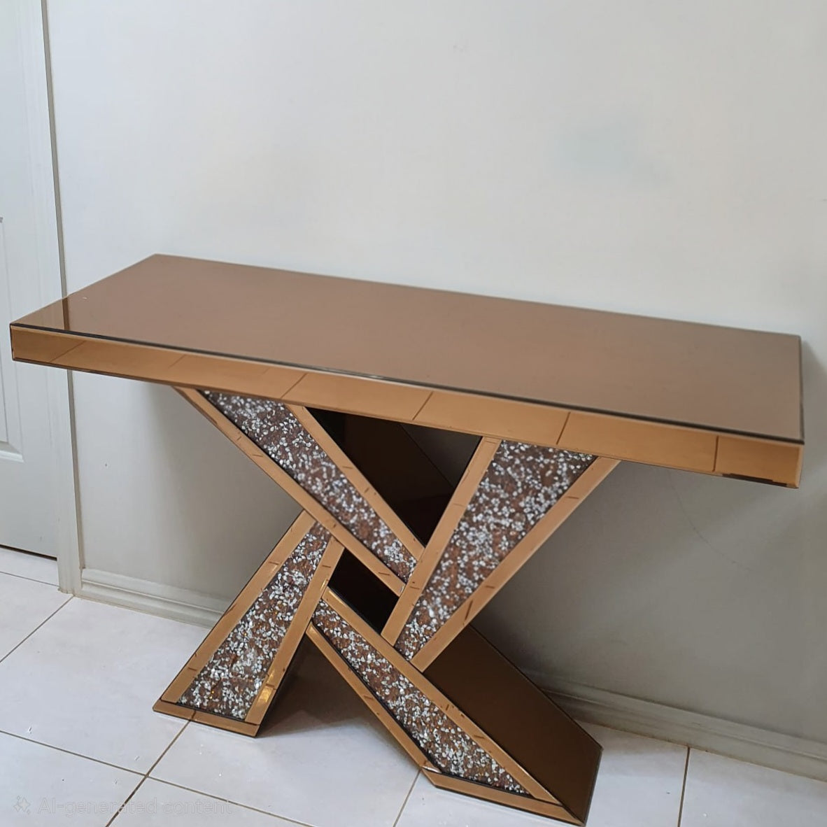 Rose Gold Glass Console Table (X-Shaped)
