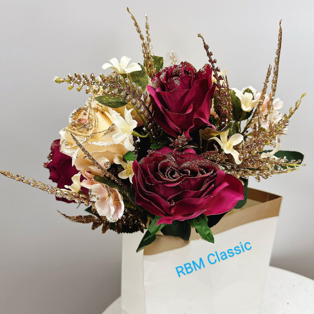 Maroon Bunch of Flowers / Roses in Artificial/Synthetic/Plastic Material
