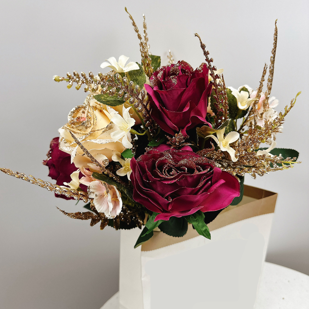 Maroon Bunch of Flowers / Roses in Artificial/Synthetic/Plastic Material