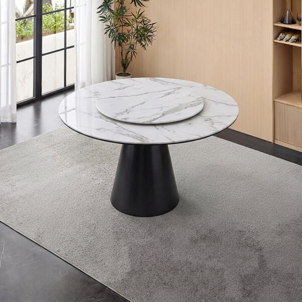 Marble-top table with a dark base on a decorative rug with red curtains in the background
