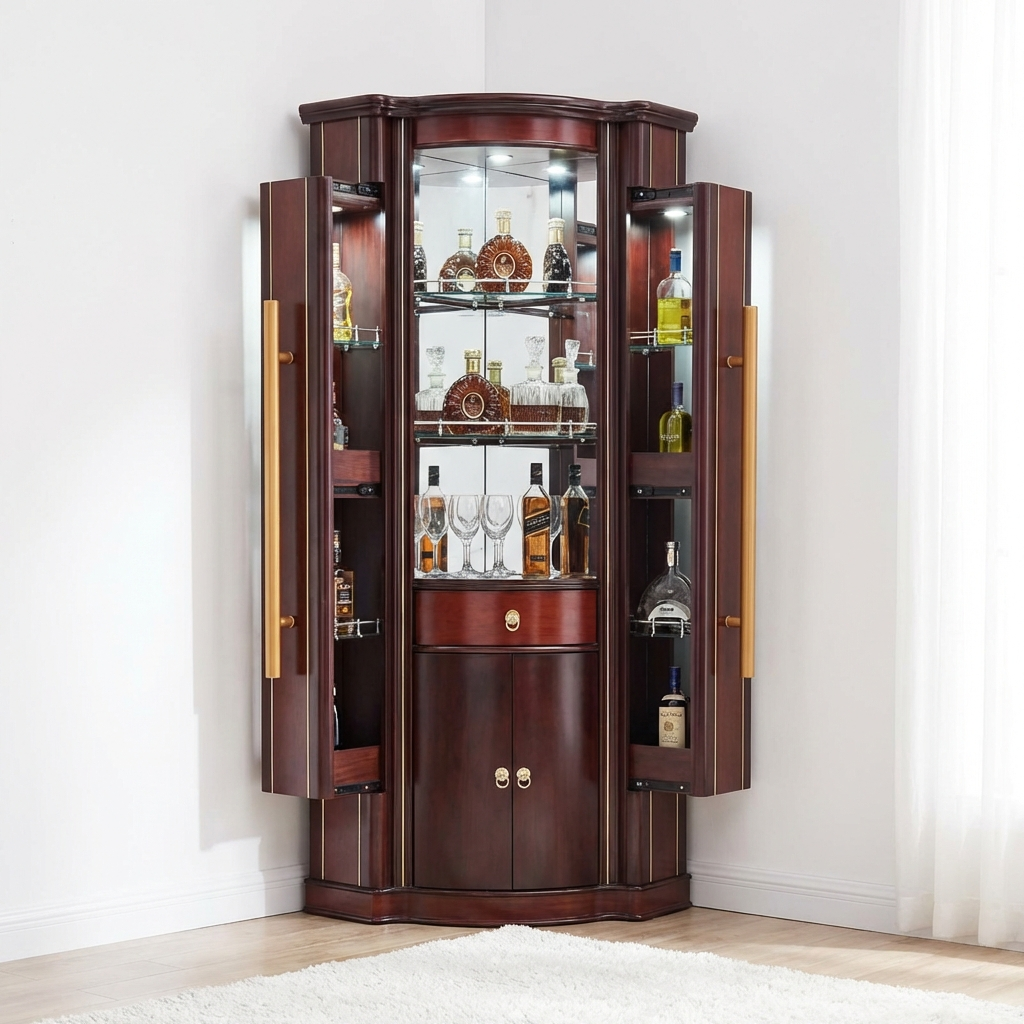 Wooden corner bar cabinet with open doors displaying bottles and glasses on a white background