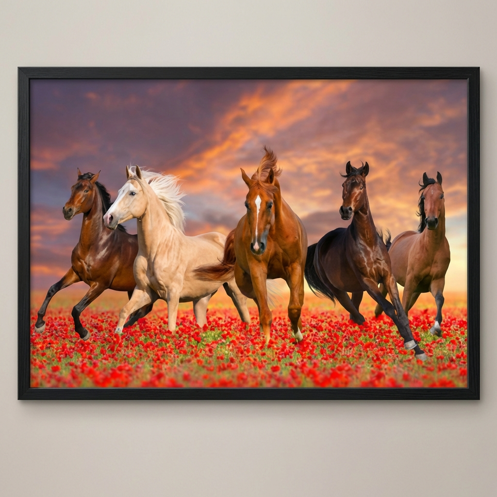 Framed artwork of five horses running in a field of red flowers with a colourful sky.
