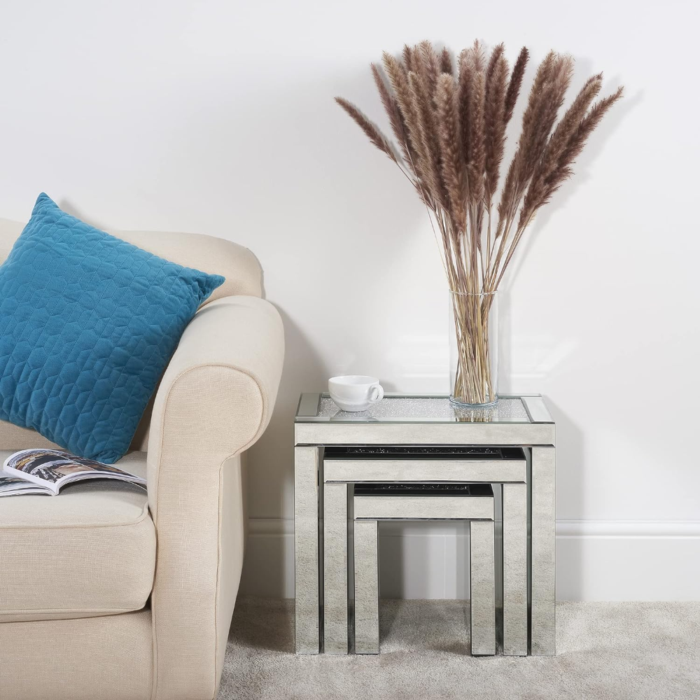 Mirrored Diamond Crushed Glass Nested Side Tables in Silver set of 3