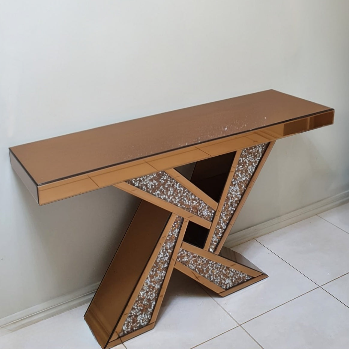 Rose Gold Glass Console Table (X-Shaped)
