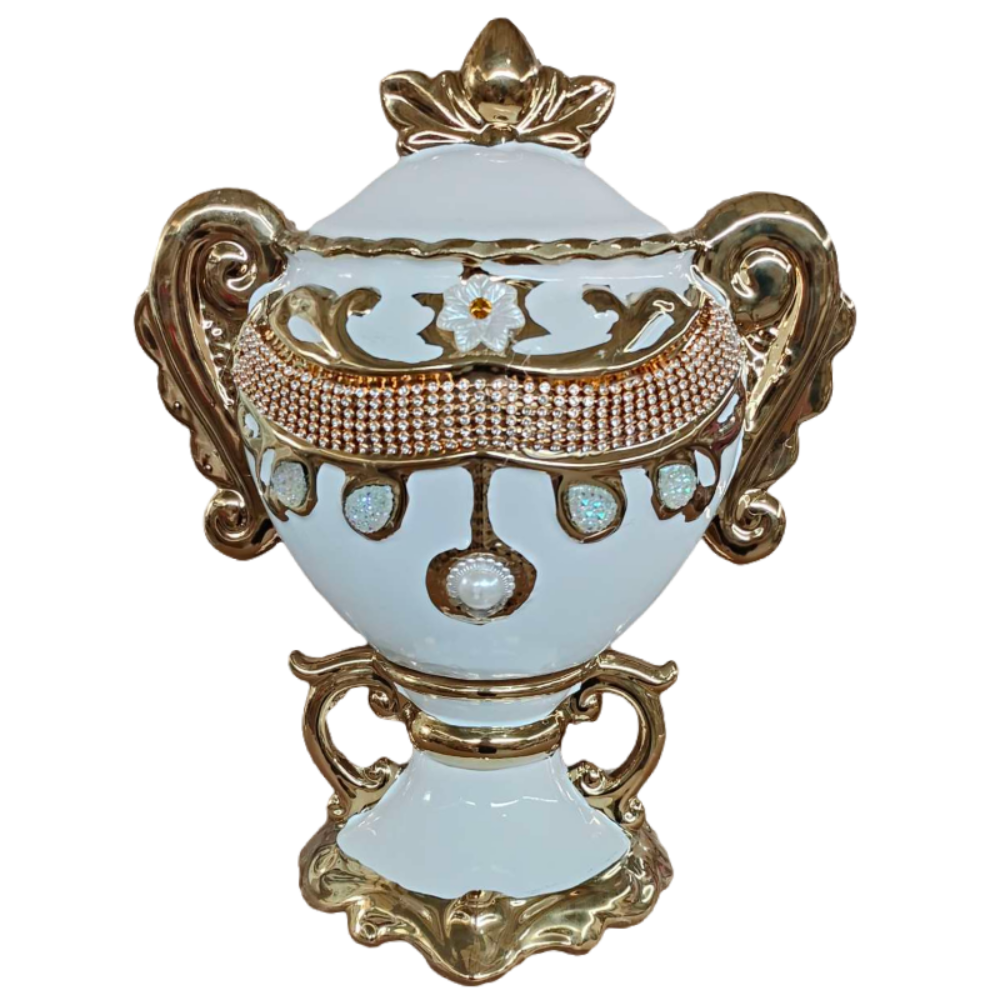 Decorative Ceramic Trophy Vase in White with Silver