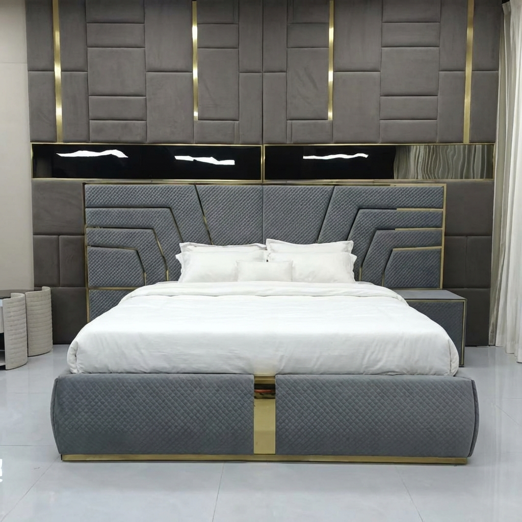 Modern bedroom with a gray upholstered bed and decorative wall panels.