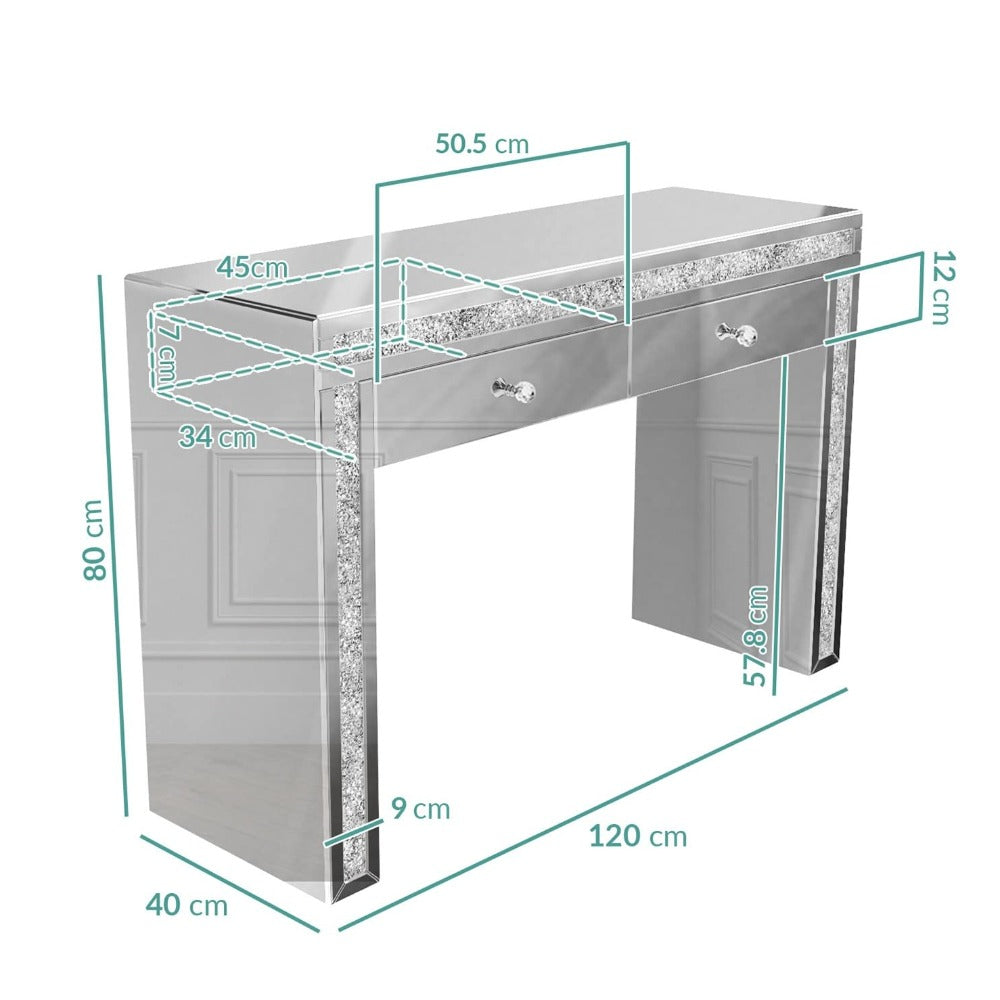 Classic Mirrored Glass Dressing Table with Led lights and 2 Drawers in Silver
