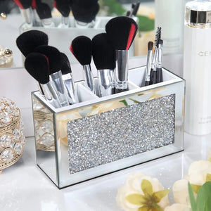 Silver Mirror Glass Brush Holder With Diamond Crushes