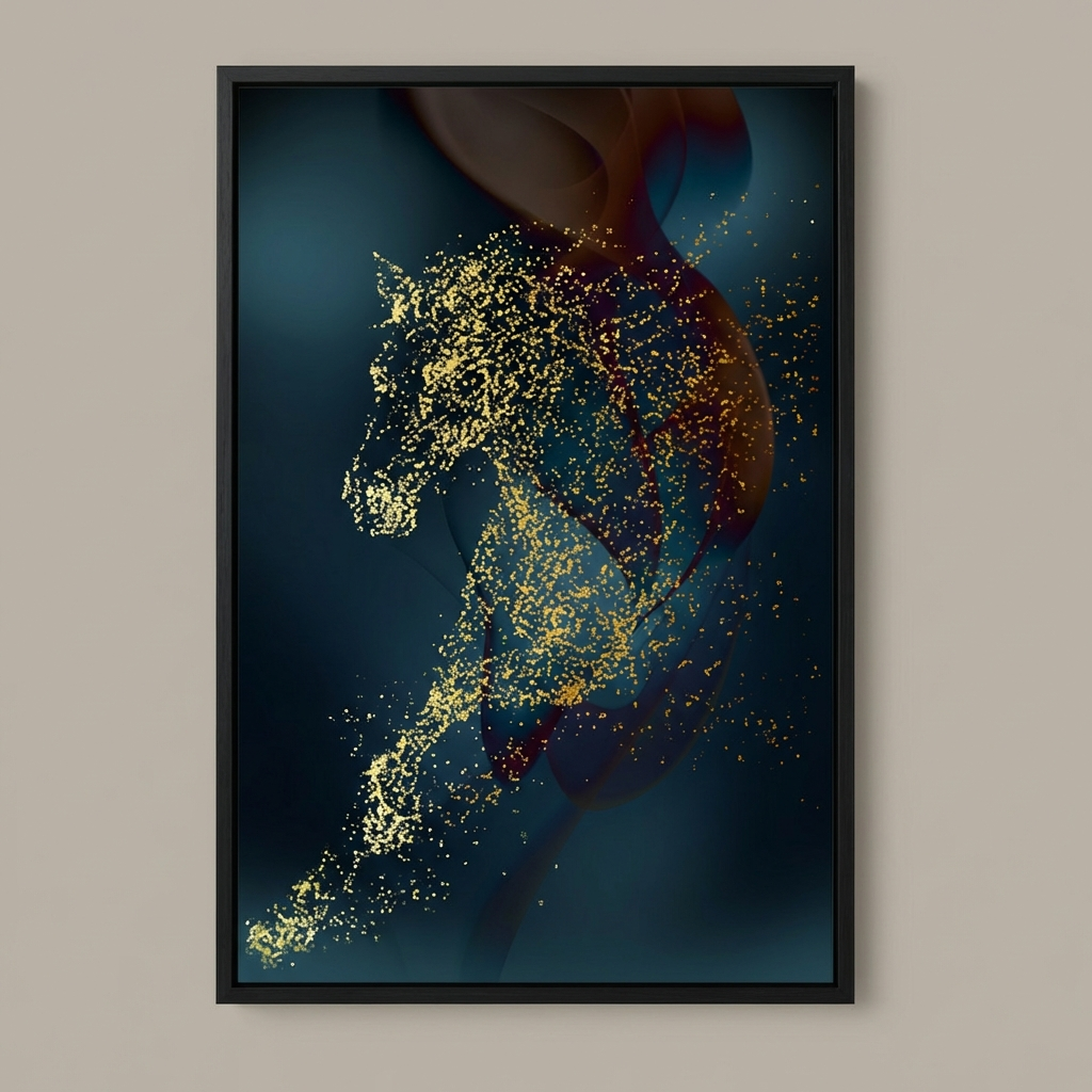 Framed artwork of a horse made from small dots on a dark background