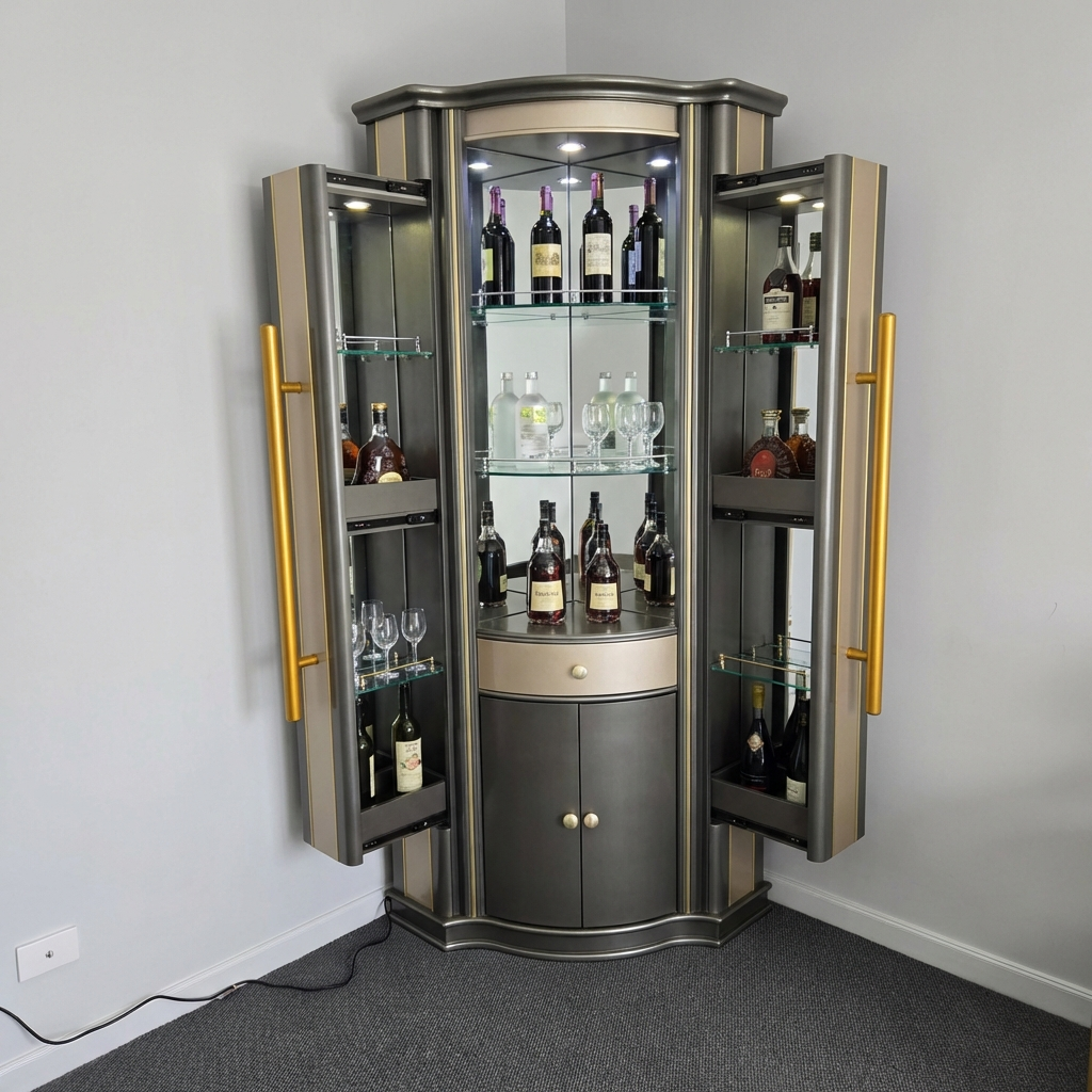 Corner bar cabinet with open doors displaying bottles and glasses against a gray wall.