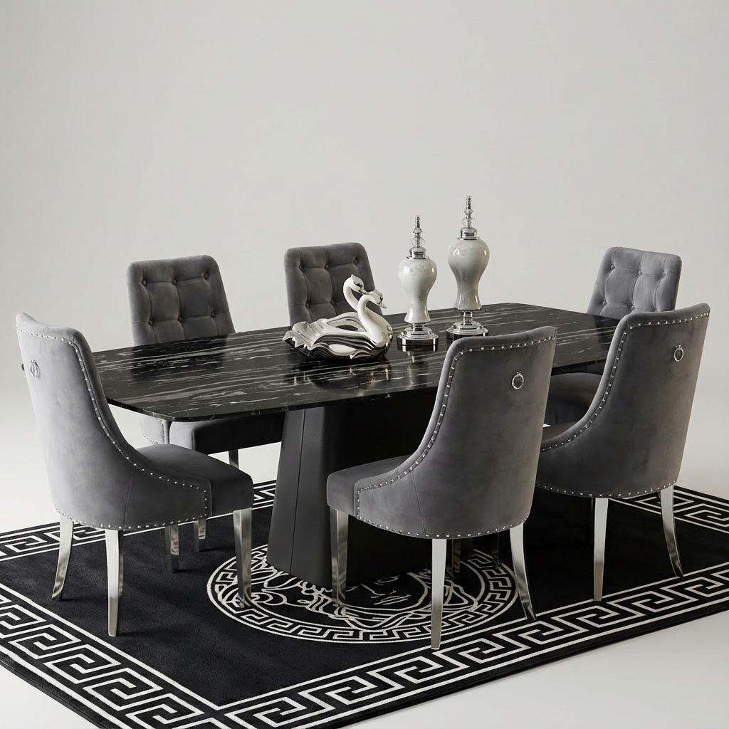 Dining room set with a dark wooden table and gray upholstered chairs on a black and white patterned rug.