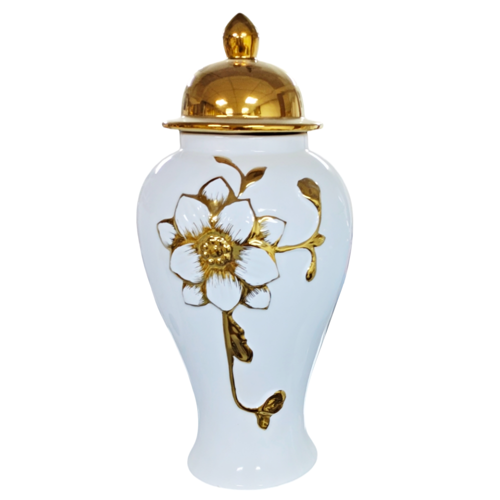 White and Gold Decorative Vase / Jar with Lid