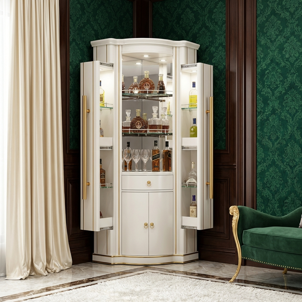 White bar cabinet with open doors displaying bottles and glasses in a room with green walls and a green sofa.