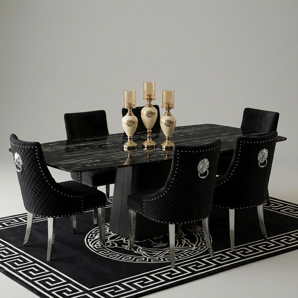 Black marble dining table with four matching chairs on a patterned rug.