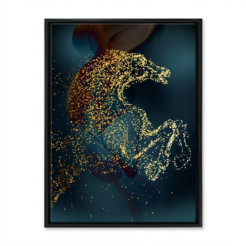 Framed artwork of a horse made from gold particles on a dark background
