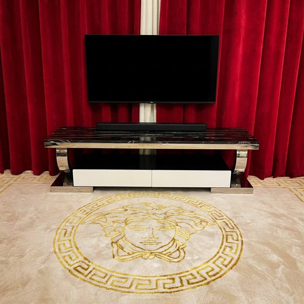 TV stand with a television against red curtains, featuring a gold Medusa head design on the floor.