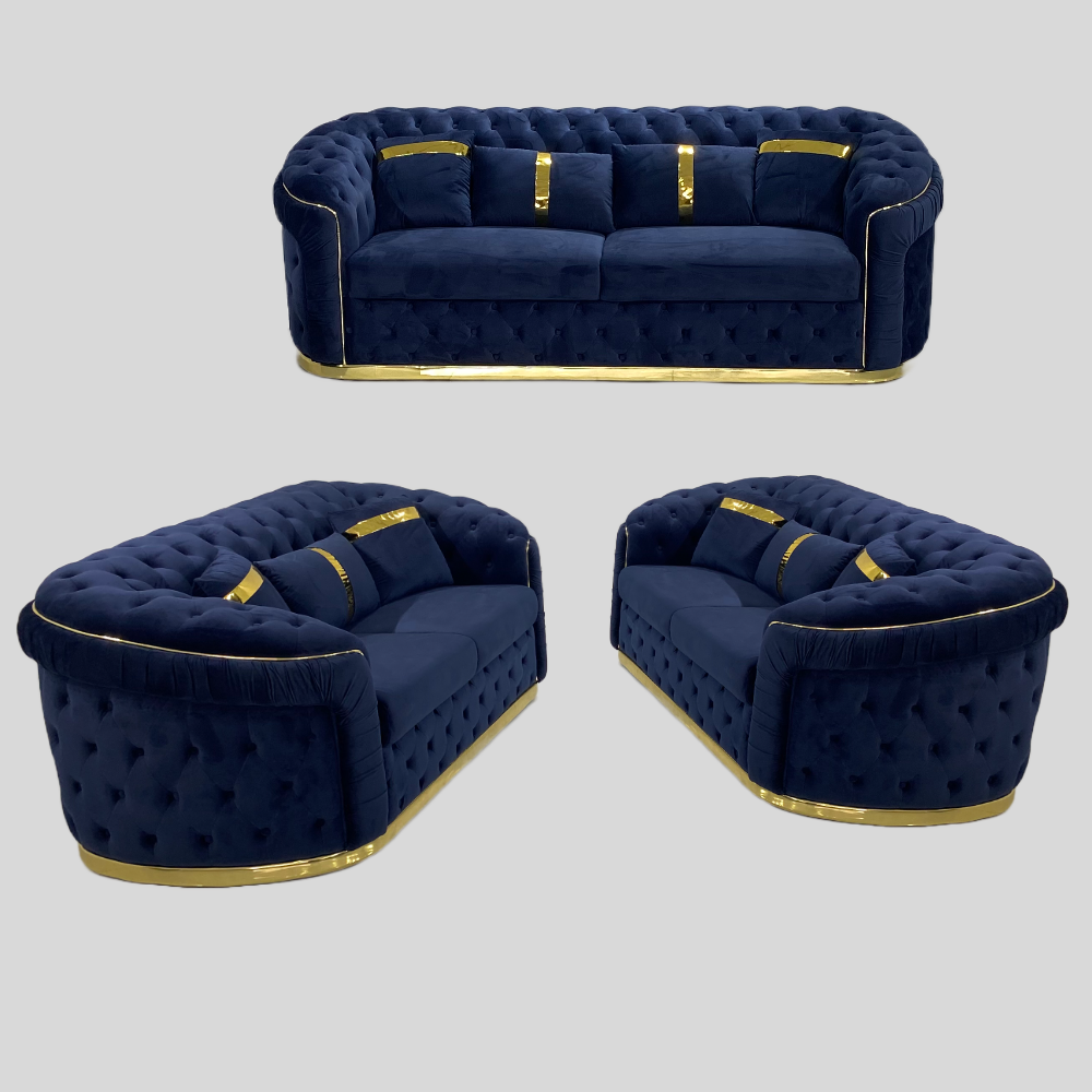 Luxury, Stylish and Comfortable Sofas / Couches in Blue Velvet Material with Golden trims